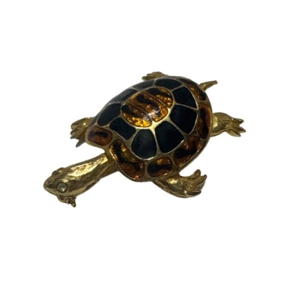 Vintage Gold Tone Black and Amber Cloisonne Turtle Pin Brooch - Picture 1 of 4